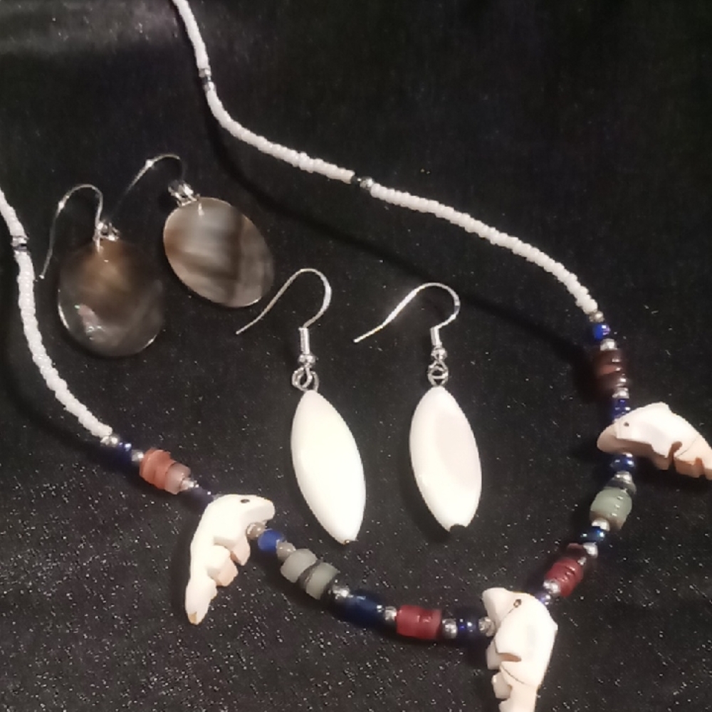Elegant Dolphin Beaded Necklace 14 inch and Earring Sets mother of pearl